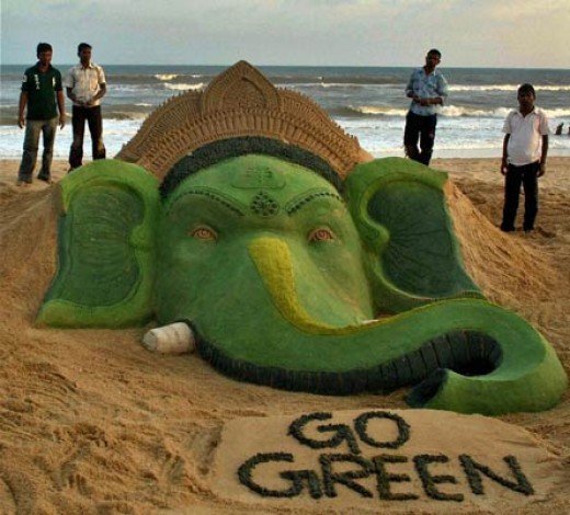 sand sculptures promoting green lifestyle