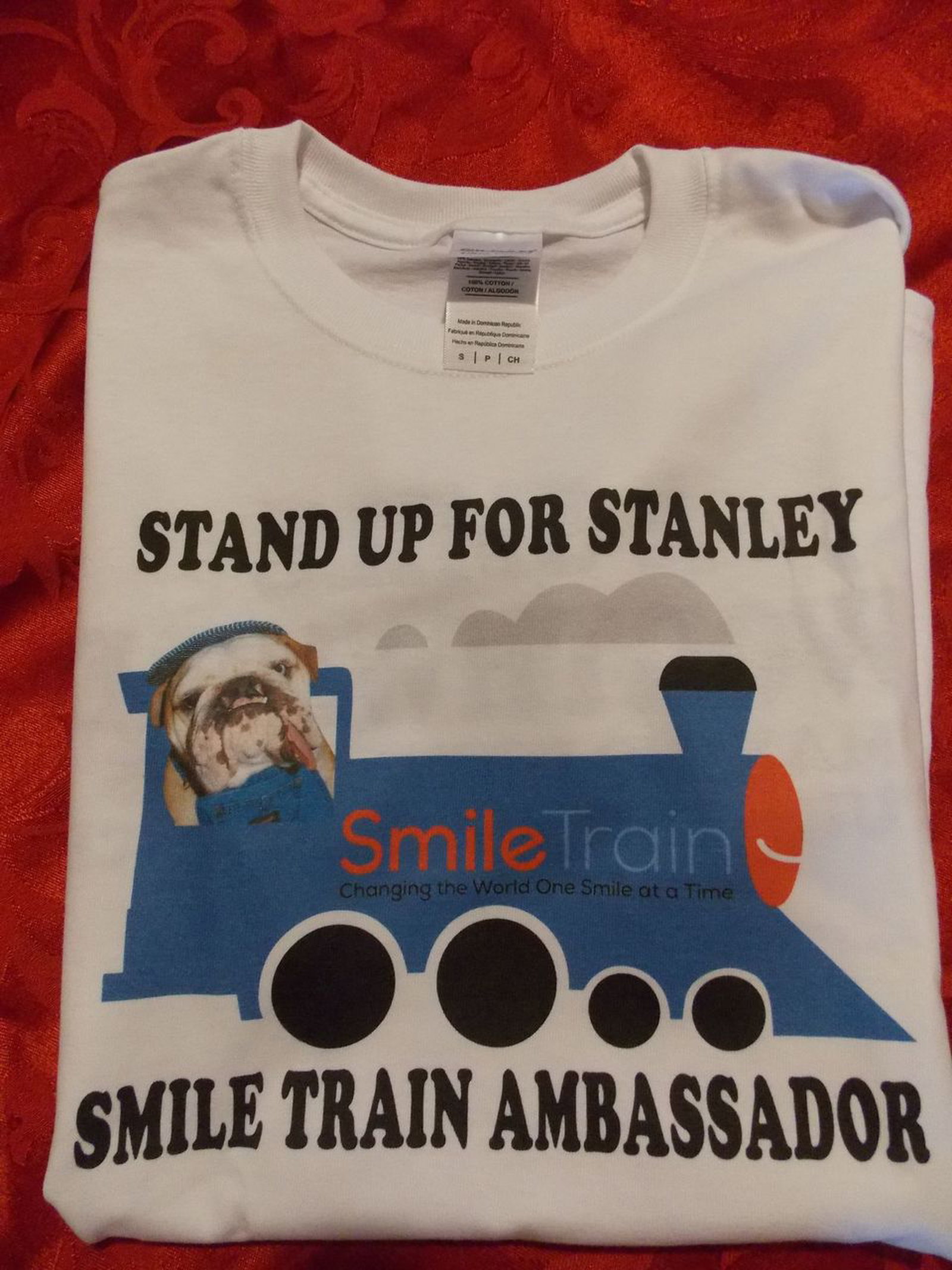 a t-shirt reading "stand up for stanley smile train ambassador"