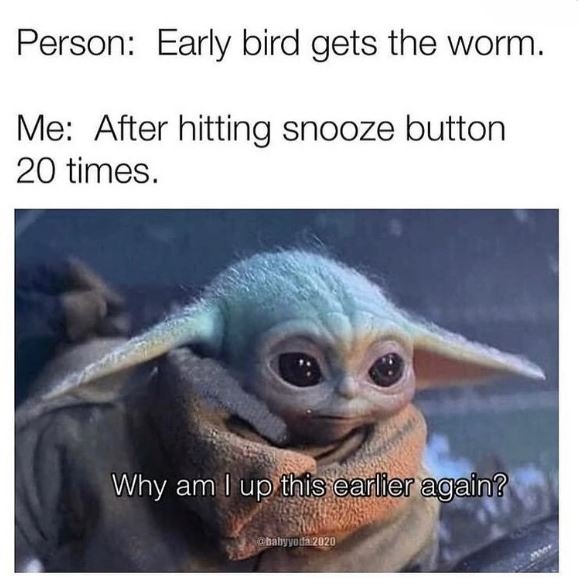 Meme of baby yoda saying "why am I up this earlier again" captioned with "Person: Early bird gets the worm. Me: After hitting snooze button 20 times."