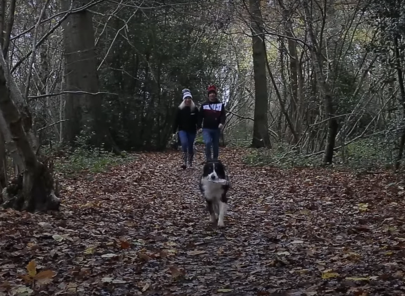 David and Yvonne Grant walking Scruff through woods. In Scruff's mouth is a water bottle.